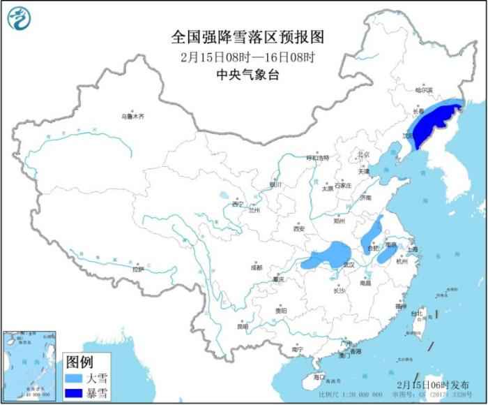 全国强降雪落区预报图(2月15日08时-16日08时)