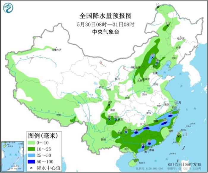 全国降水量预报图(5月30日08时-31日08时)