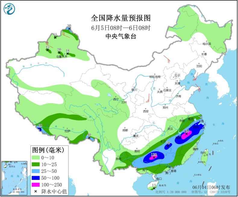 图4 全国降水量预报图(6月5日08时-6日08时)