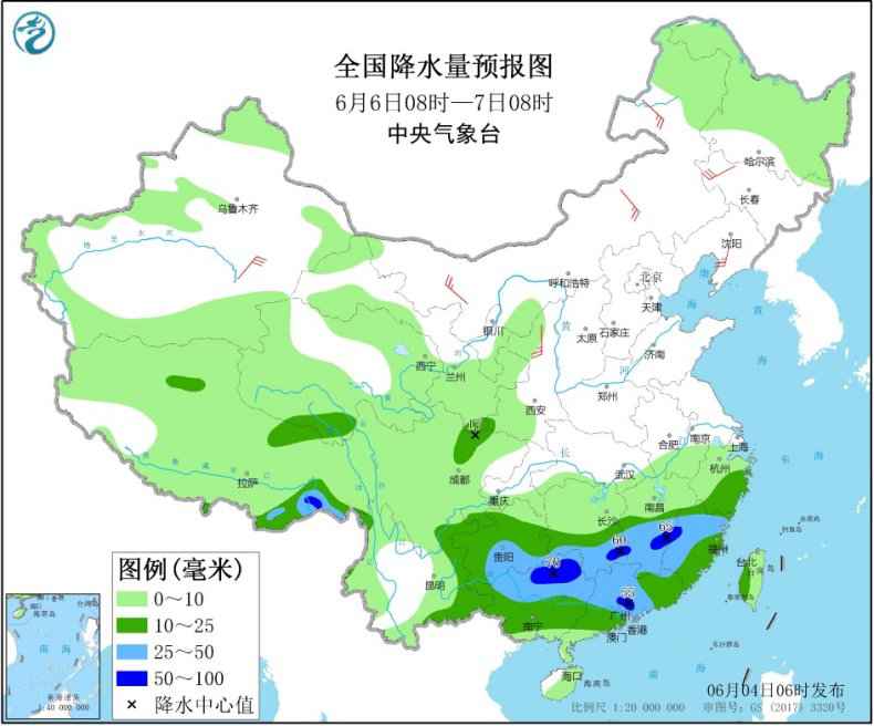 图5 全国降水量预报图(6月6日08时-7日08时)